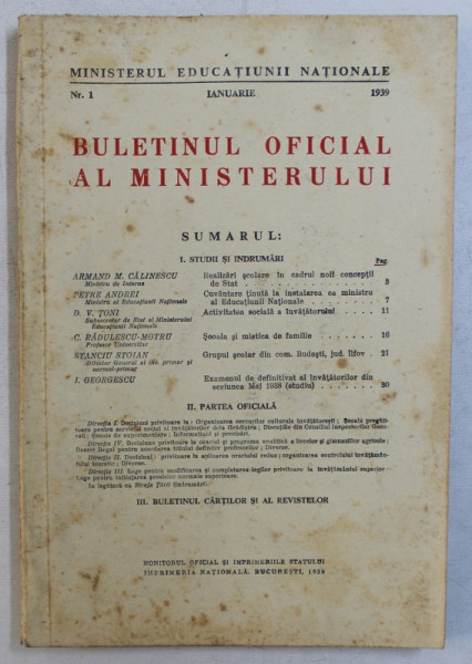 BULETINUL OFICIAL AL MINISTERULUI , No. 1  , IANUARIE , 1939