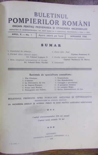 BULETINUL POMPIERILOR ROMANI , ANUL X , 1938 , NR. 1-12