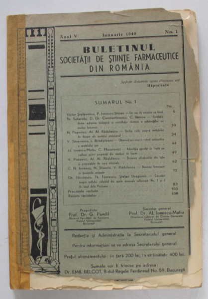 BULETINUL SOCIETATII FARMACEUTICE DIN ROMANIA , ANUL V , NR. 1 , IANUARIE , 1940