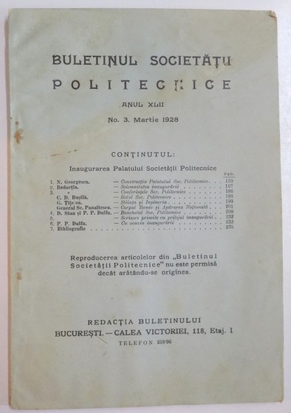 BULETINUL SOCIETATII POLITECNICE  , ANUL XLII , NO.3 MARTIE 1928