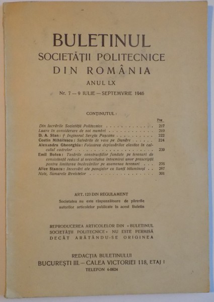 BULETINUL SOCIETATII POLITECNICE DIN ROMANIA , ANUL 60 , NR. 7-9 IULIE SEPTEMBRIE 1946