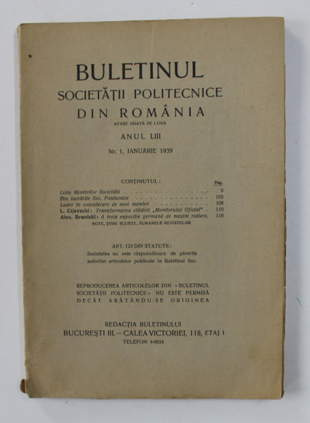 BULETINUL SOCIETATII  POLITECNICE DIN ROMANIA , ANUL LIII , NR. 1 , IANUARIE , 1939