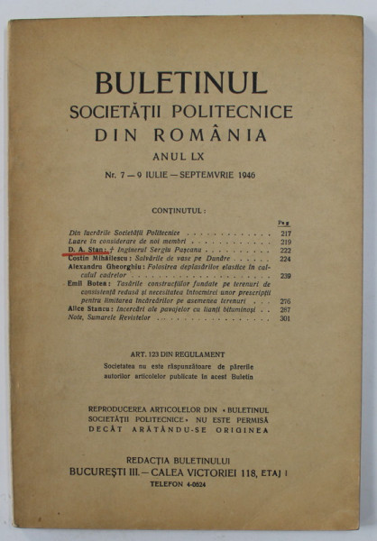 BULETINUL SOCIETATII  POLITECNICE DIN ROMANIA , ANUL LX , NR. 7 -9  ,  IULIE - SEPTEMVRIE , 1946