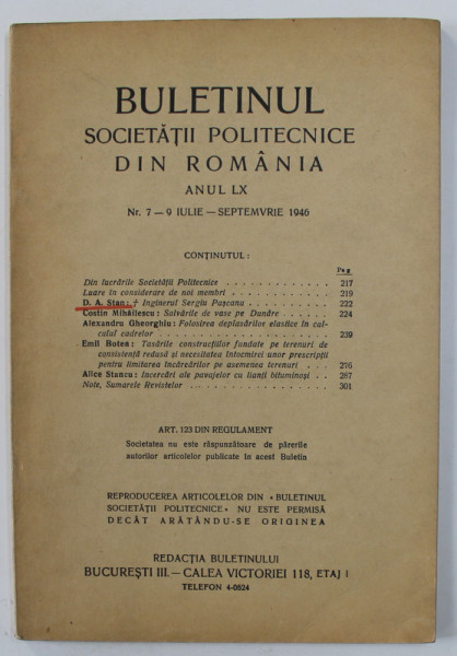 BULETINUL SOCIETATII  POLITECNICE DIN ROMANIA , ANUL LX , NR. 7 -9  ,  IULIE - SEPTEMBRIE , 1946