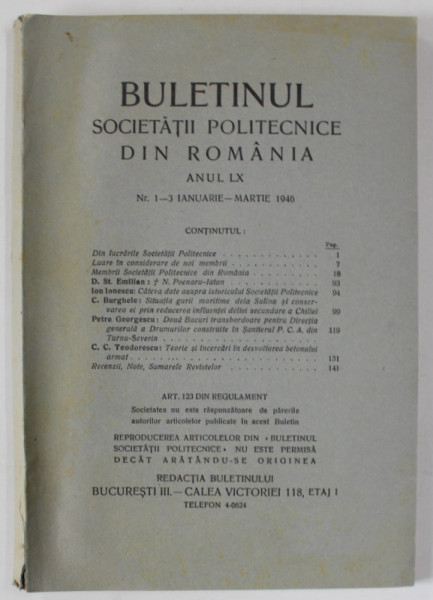 BULETINUL SOCIETATII POLITECNICE DIN ROMANIA , ANUL LX , NUMERELE 1 - 3 , IANUARIE - MARTIE , 1946