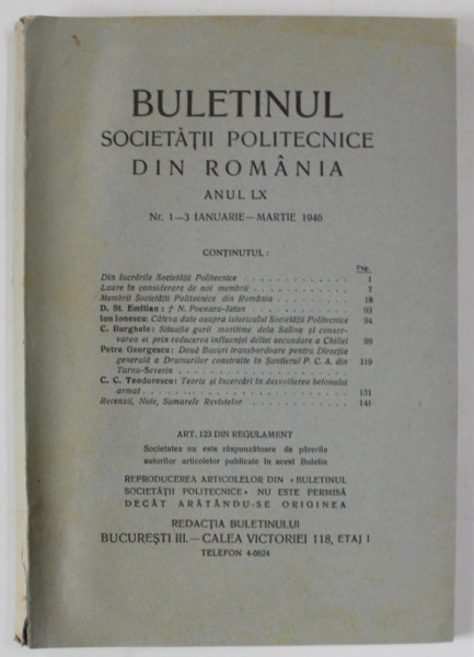 BULETINUL SOCIETATII POLITECNICE DIN ROMANIA , ANUL LX , NUMERELE 1 - 3 , IANUARIE - MARTIE , 1946