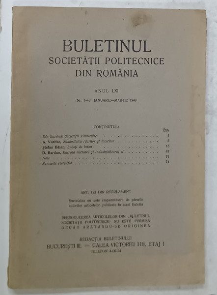 BULETINUL SOCIETATII POLITECNICE DIN ROMANIA , NR. 1-3 , 1948