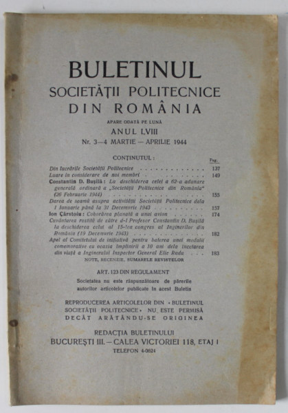 BULETINUL SOCIETATII POLITECNICE DIN ROMANIA , NR. 3 - 4 , 1944 , CONTINE SI PAGINI CU RECLAME *