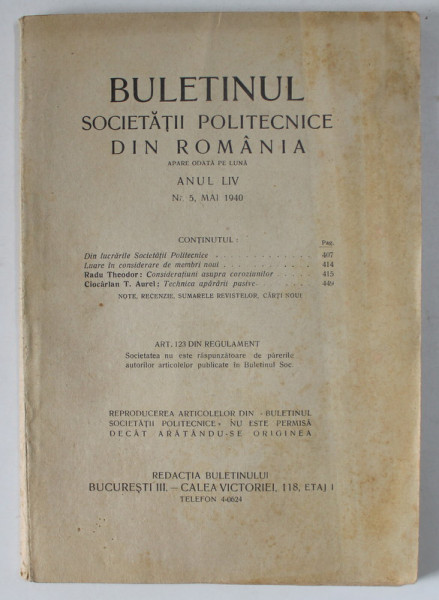 BULETINUL SOCIETATII POLITECNICE DIN ROMANIA , NR. 5 , 1940 , CONTINE SI PAGINI CU RECLAME *