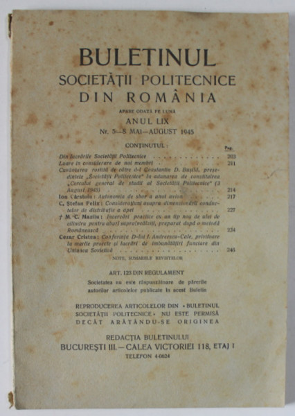 BULETINUL SOCIETATII POLITECNICE DIN ROMANIA , NR. 5-8  , 1945 , CONTINE SI PAGINI CU RECLAME *