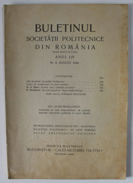 BULETINUL SOCIETATII POLITECNICE DIN ROMANIA , NR. 8 , 1940 , CONTINE SI PAGINI CU RECLAME *