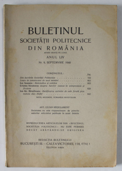 BULETINUL SOCIETATII POLITECNICE DIN ROMANIA , NR. 9 , 1940 , CONTINE SI PAGINI CU RECLAME *