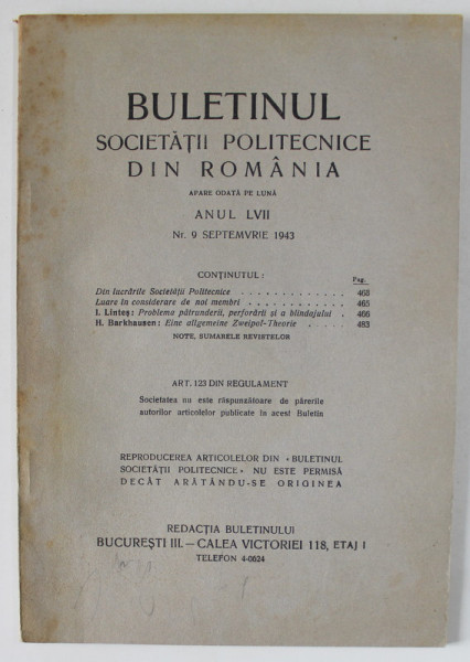 BULETINUL SOCIETATII POLITECNICE DIN ROMANIA , NR. 9 , 1943 , CONTINE SI PAGINI CU RECLAME *