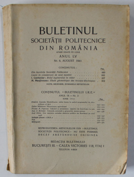 BULETINUL SOCIETATII POLITECNICE DIN ROMANIA , NR.8  , 1941 , CONTINE SI PAGINI CU RECLAME *