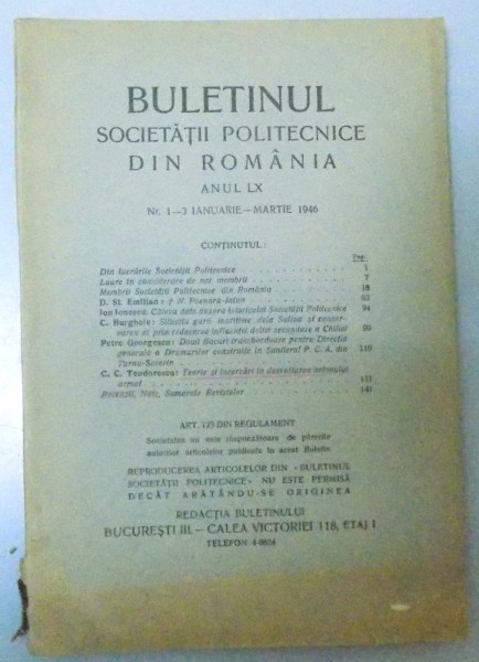 BULETINUL SOCIETATII POLITEHNICE DIN ROMANIA , ANUL LX , NR.1-3 IANUARIE-MARTIE 1946