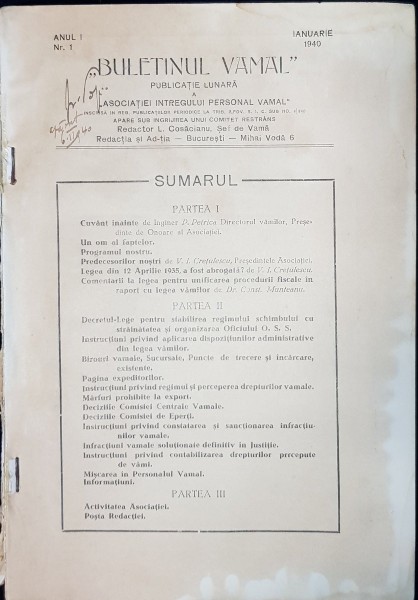 Buletinul Vamal - Ianuarie, 1940
