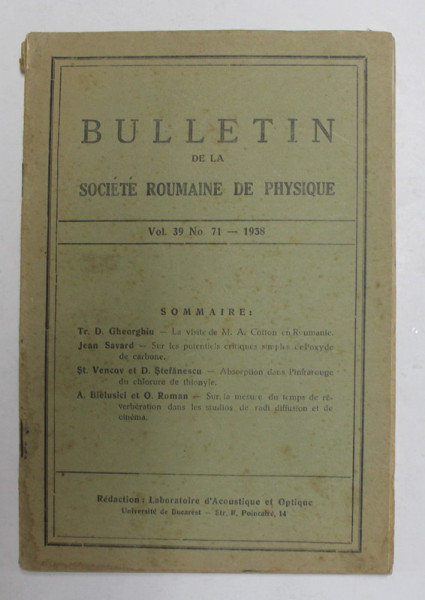 BULLETIN DE LA SOCIETE ROUMAINE DE PSHYSIQUE , VOL. 39 , NO. 71 - 1938