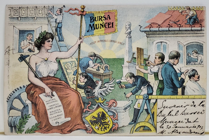 '' BURSA MUNCEI '' , ALEGORIE CU PREZENTAREA DIVERSELOR MESERII PRACTICATE DE ABSOLVENTII SCOLII DE ARTE SI MESERII , CROMOLITOGRAFIE , CLASICA