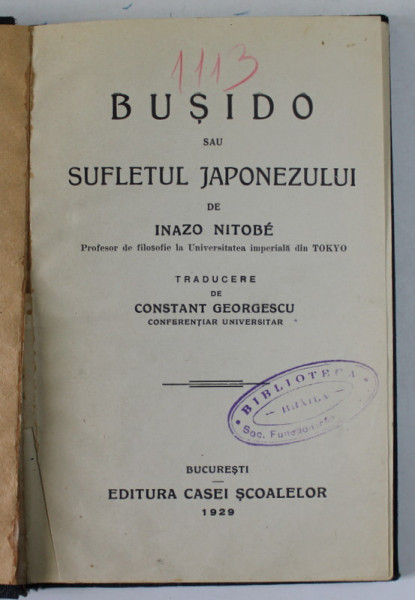 BUSIDO SAU SUFLETUL JAPONEZULUI de INAZO NITOBE  1929
