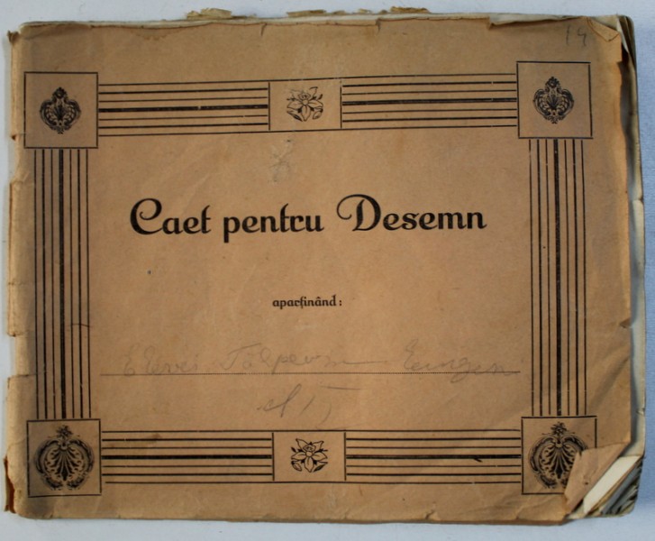 " CAET PENTRU DESEMN " ,  CUPRINZAND MOSTRE DE IMPLETITURI SI DESENE FACUTE IN CURSUL PRIMAR  , PERIOADA INTERBELICA