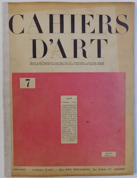 CAHIERS D 'ART , TROISIEME  ANNEE , No 7 , 1928