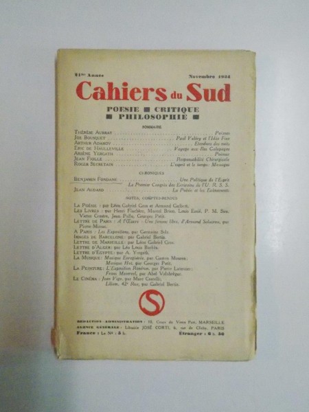 CAHIERS DU SUD. POESIE, CRITIQUE, PHILOSOPHIE, NOVEMBRE 1934