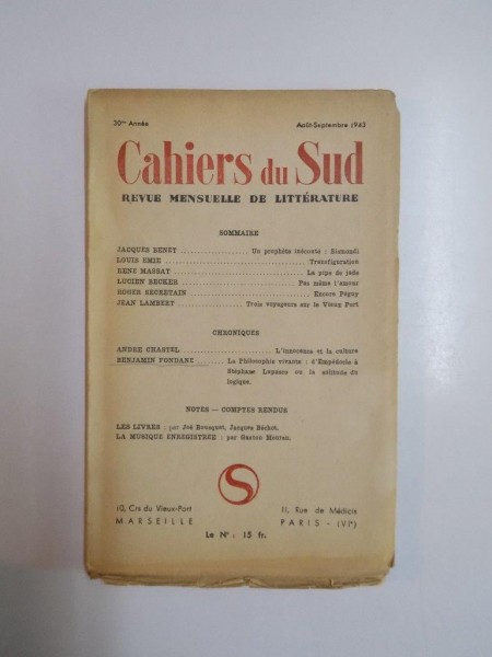 CAHIERS DU SUD. REVUE MENSUELLE DE LITTERATURE, AOUT-SEPTEMBRIE 1943