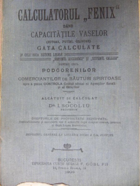 CALCULATORUL FENIX  - I. SOCOLIU - BUC. 1908