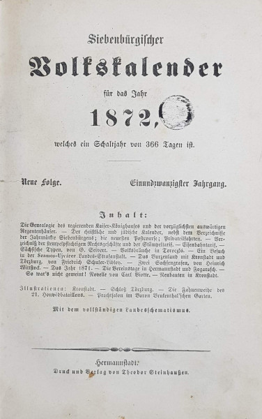 Calendarul Transilvaniei pentru anul 1872 - Sibiu, 1872