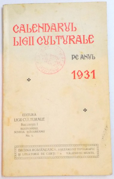 CALENDARUL LIGII CULTURALE PE ANUL 1931