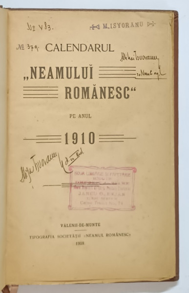 CALENDARUL &amp;quot; NEAMULUI ROMANESC &amp;quot; PE ANUL 1910 , 1909