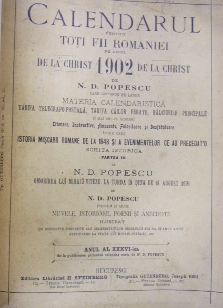 CALENDARUL PENTRU TOȚI FII ROMÂNIEI PE ANUL 1902 de N.D. Popescu