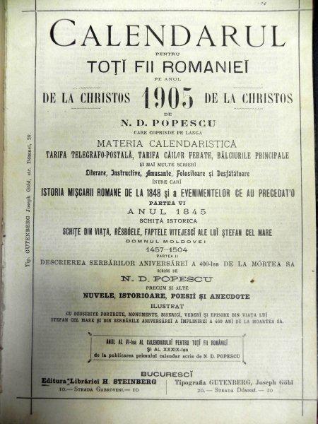 CALENDARUL PENTRU TOTII FII ROMANIEI PE ANUL 1905- N.D. POPESCU 