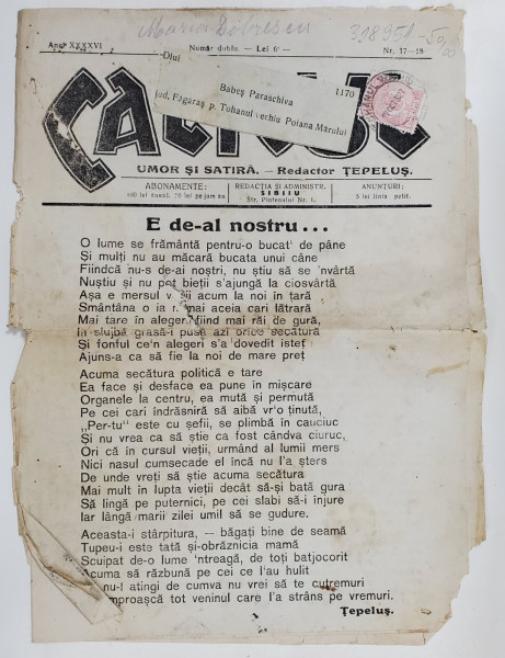 CALICUL , ZIAR DE SATIRA SI UMOR , ANUL XXXXVI , NR. 17-18 , 1927