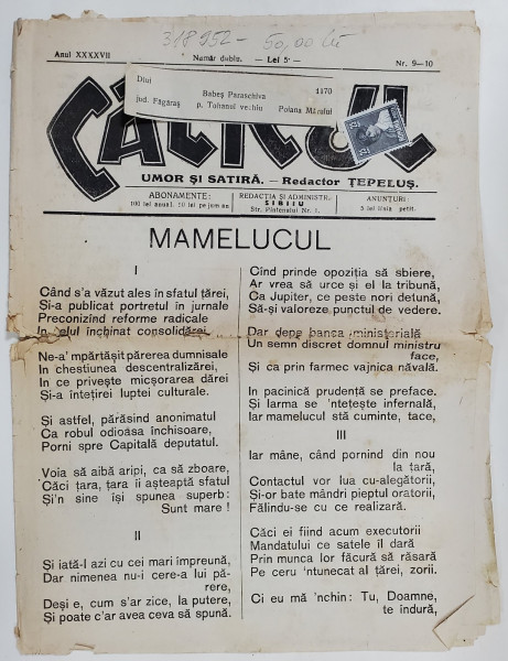 CALICUL , ZIAR DE SATIRA SI UMOR , ANUL XXXXVII , NR. 9-10  , 1928