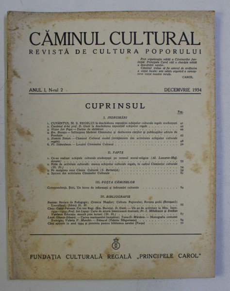 CAMINUL CULTURAL - REVISTA DE CULTURA POPORULUI , ANUL I , NR. 2 , DECEMVRIE , 1934