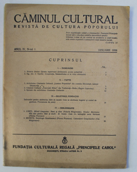 CAMINUL CULTURAL - REVISTA DE CULTURA POPORULUI , ANUL IV , NR.  1  - IANUARIE , 1938