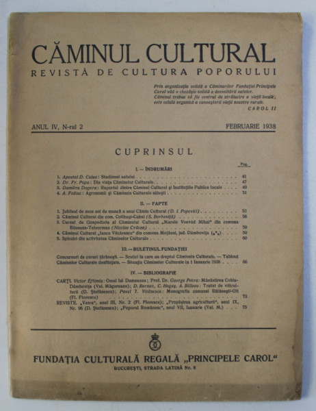 CAMINUL CULTURAL - REVISTA DE CULTURA POPORULUI , ANUL IV , NR.  2  - FEBRUARIE  , 1938