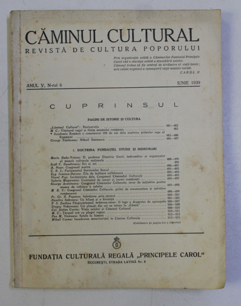 CAMINUL CULTURAL - REVISTA DE CULTURA POPORULUI , ANUL V , NR. 6 , IUNIE  , 1939
