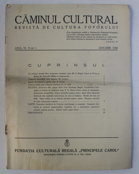 CAMINUL CULTURAL - REVISTA DE CULTURA POPORULUI , ANUL VI , NR.  1  - IANUARIE , 1940