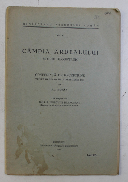 CAMPIA ARDEALULUI - STUDIU GEOBOTANIC de AL . BORZA , 1936