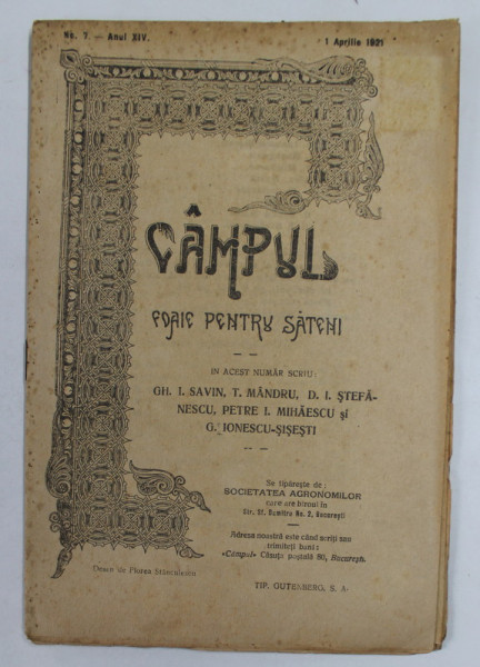 CAMPUL , FOAIE PENTRU SATENI , ANUL XIV , NR. 7 , APRILIE , 1921