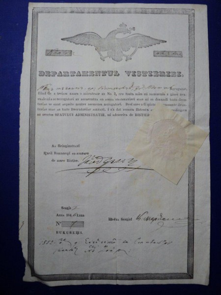 Campulung Muscel, Departamentul Vistieriei Patent negustor Nita M, 1846
