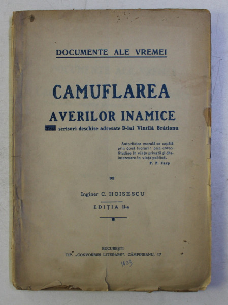 CAMUFLAREA AVERILOR INAMICE - SCRISORI DESCHISE ADRESATE D - LUI VINTILA BRATIANU de C . HOISESCU , 1923