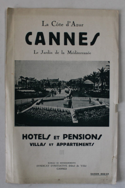 CANNES , HOTELS ET PENSIONS , VILLAS ET APPARTEMENT , PLIANT TURISTIC 1932 -1933