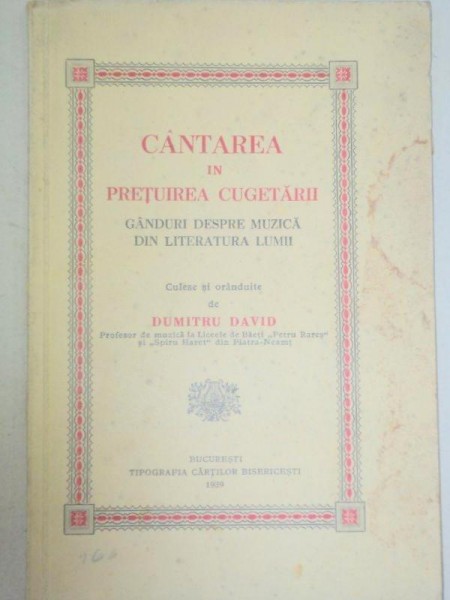 CANTAREA IN PRETUIREA CUGETARII de DUMITRU DAVID ,1939