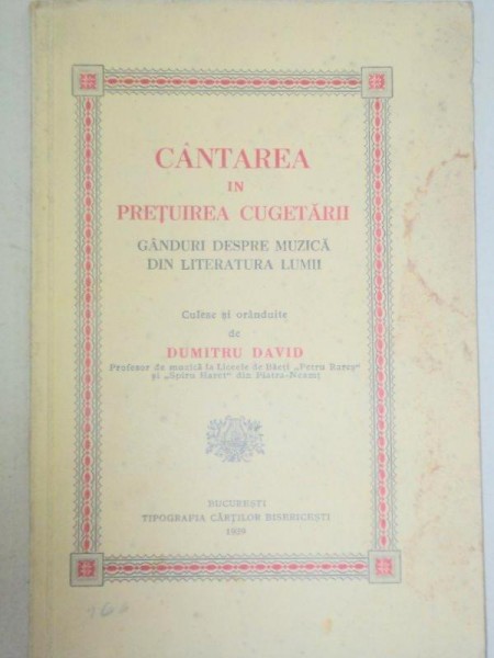 CANTAREA IN PRETUIREA CUGETARII de DUMITRU DAVID ,1939