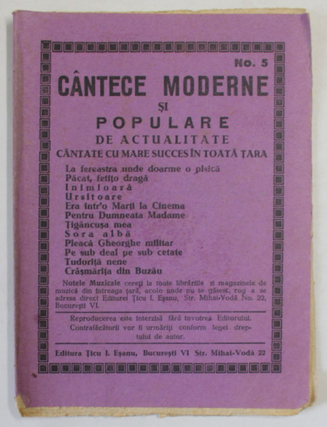 CANTECE MODERNE SI POPULARE , NR. 5 , TEXTELE MELODIILOR , EDITIE INTERBELICA