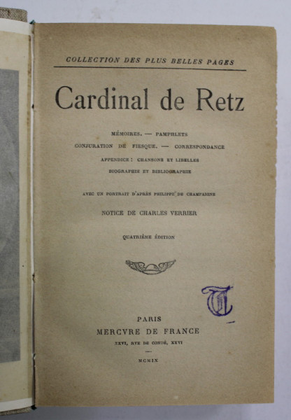 CARDINAL DE RETZ - MEMOIRES ...CORRESPONDANCE ...1909