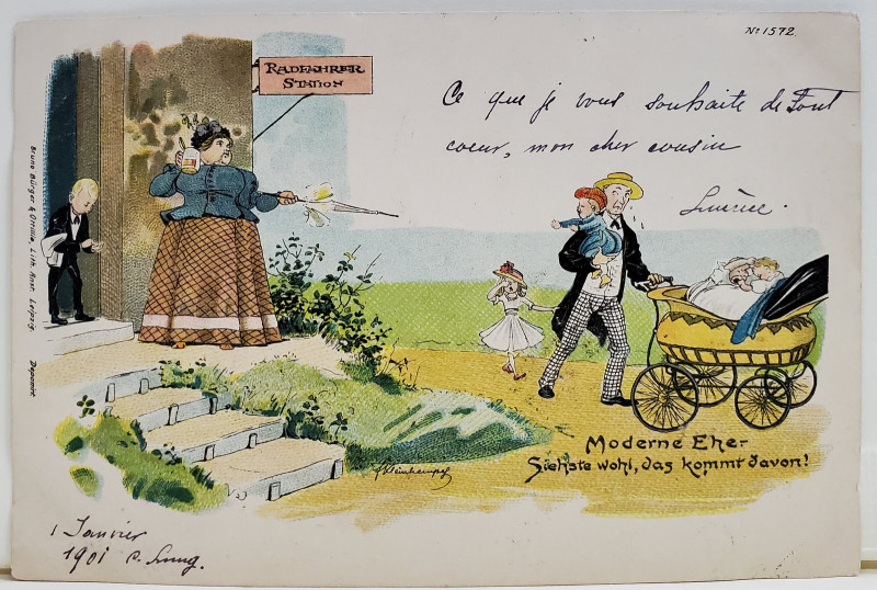 CARICATURA '' CASATORIA MODERNA '' , GERMANIA , CROMOLITOGRAFIE , CARTE POSTALA , CLASICA
